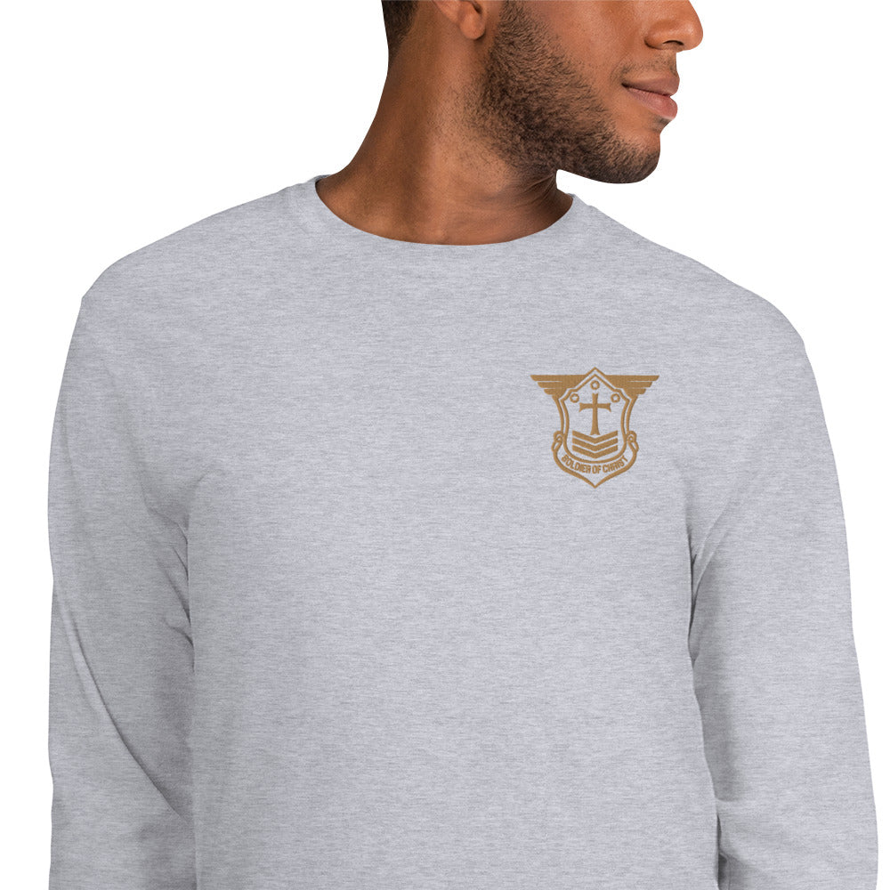 Men’s Long Sleeve T-Shirt with Old Gold Embroidered Soldier of Christ Emblem