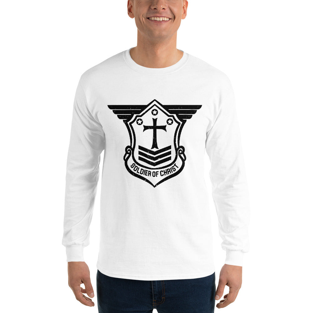 Men’s Long Sleeve T-Shirt with Black Soldier of Christ Emblem Front