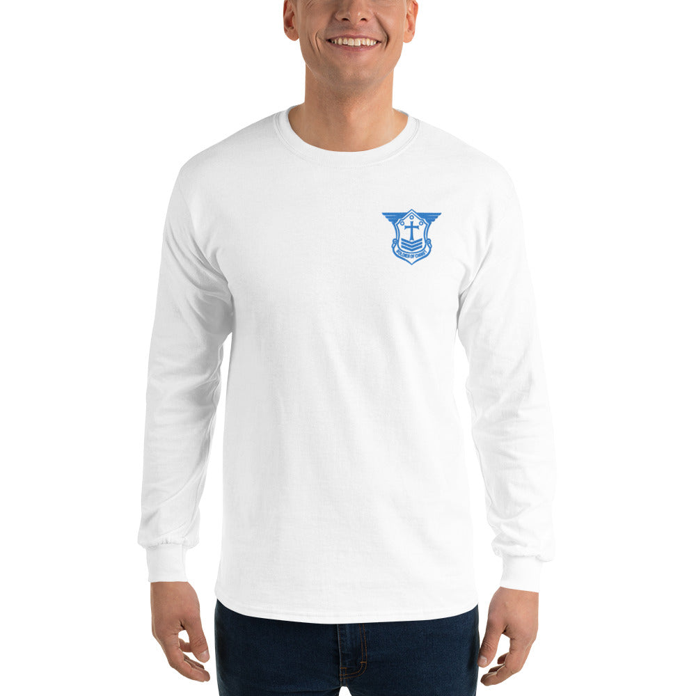 Men’s Long Sleeve T-Shirt with Aqua Teal Embroidered Soldier of Christ Emblem