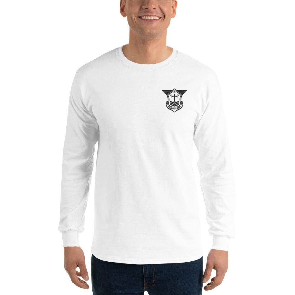 Men’s Long Sleeve T-Shirt with Black Embroidered Soldier of Christ Emblem