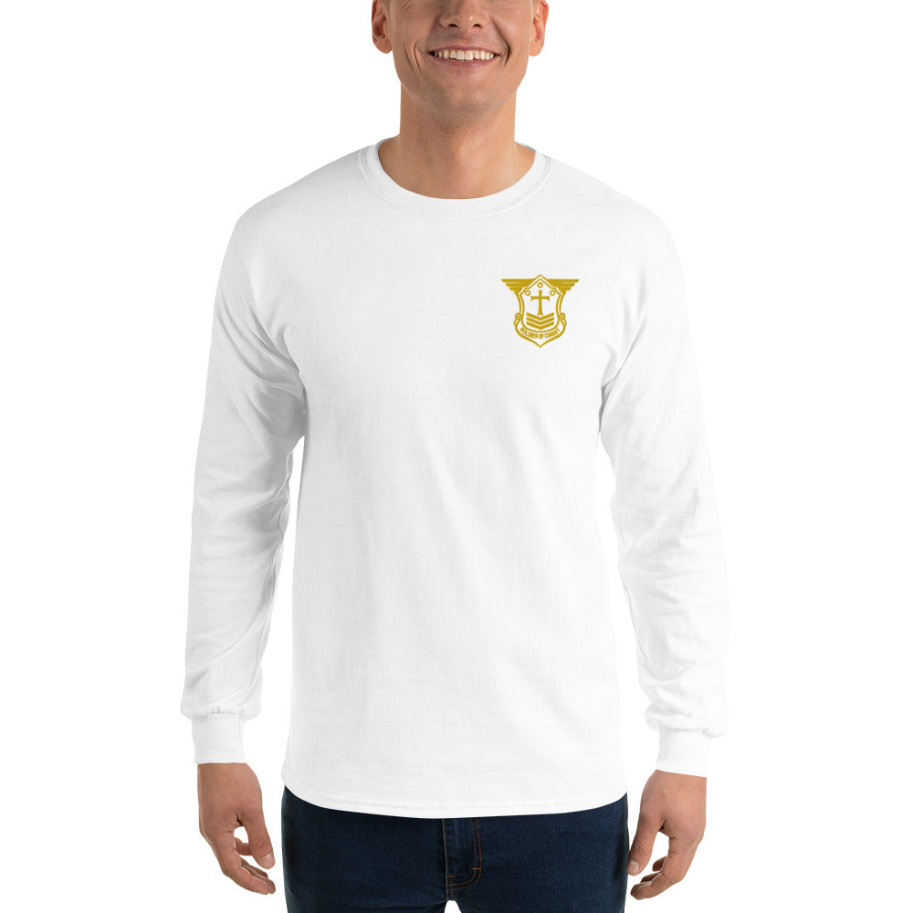 Men’s Long Sleeve T-Shirt with Gold Embroidered Soldier of Christ Emblem