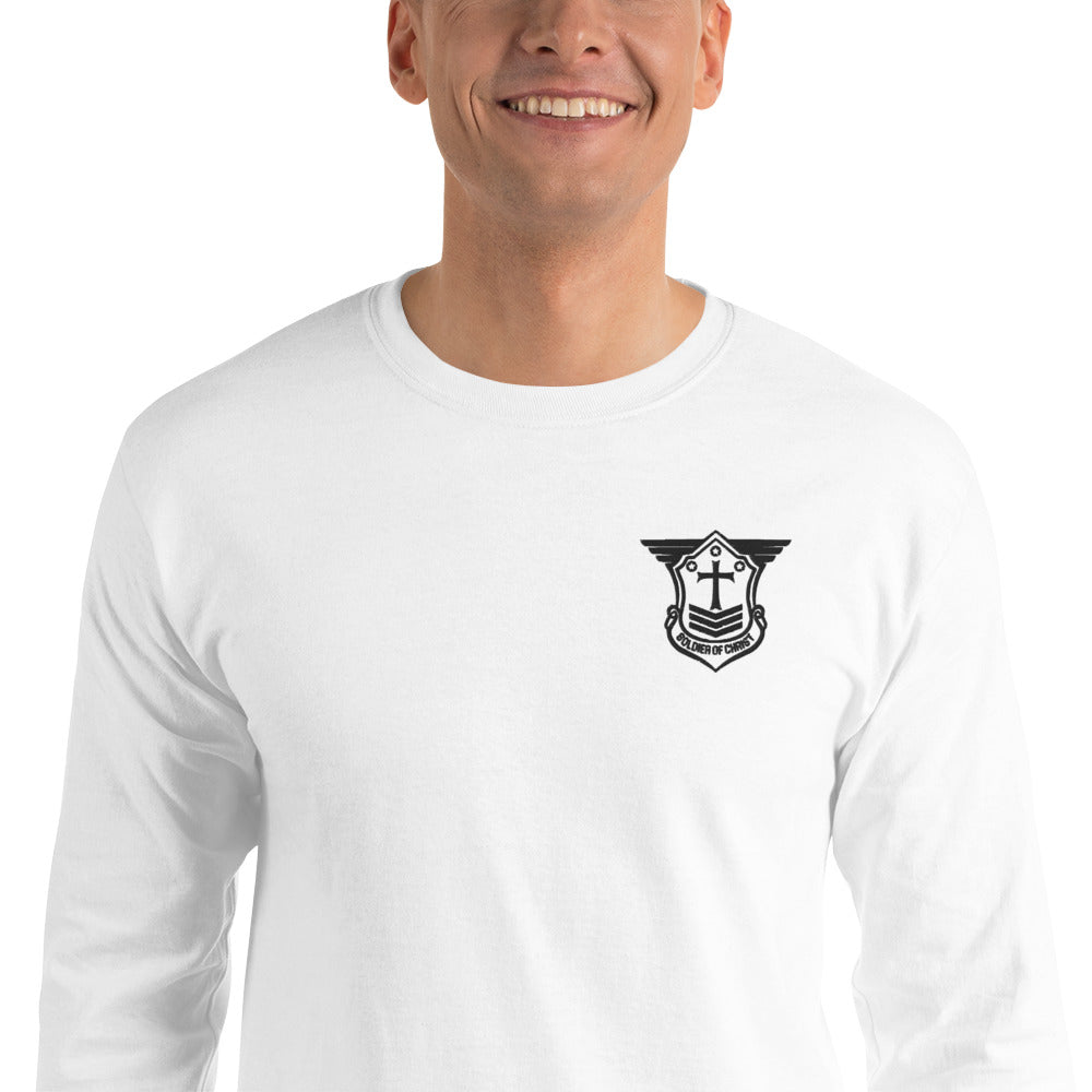 Men’s Long Sleeve T-Shirt with Black Embroidered Soldier of Christ Emblem