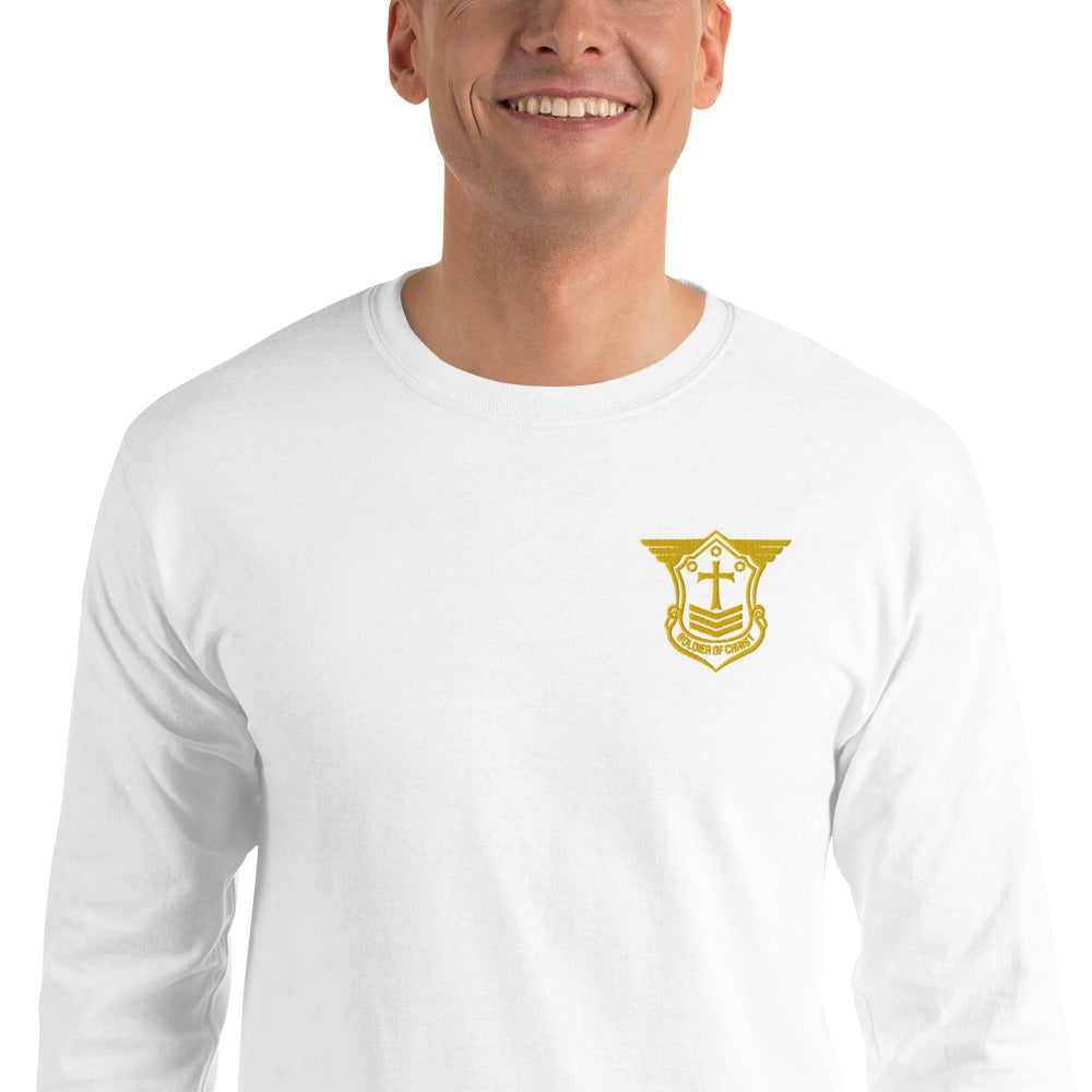 Men’s Long Sleeve T-Shirt with Gold Embroidered Soldier of Christ Emblem