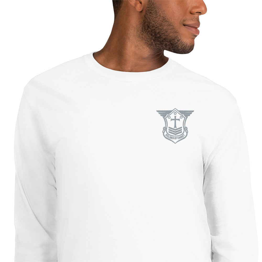 Men’s Long Sleeve T-Shirt with Grey Embroidered Soldier of Christ Emblem