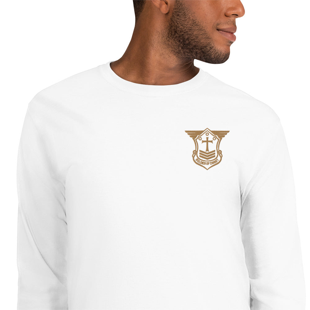 Men’s Long Sleeve T-Shirt with Old Gold Embroidered Soldier of Christ Emblem