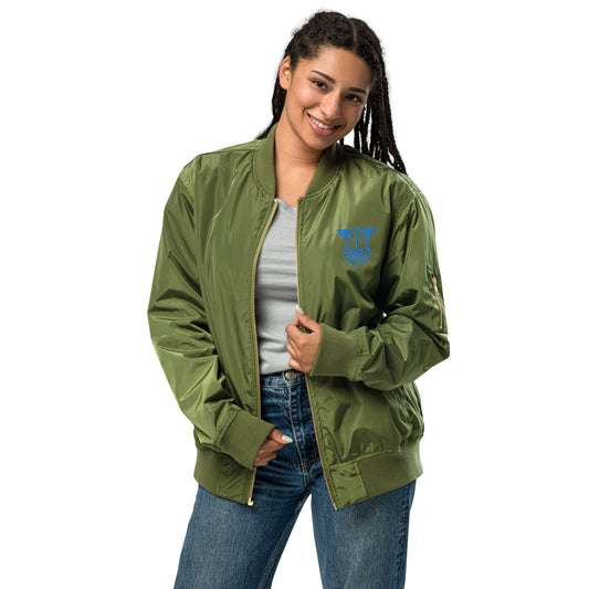 Premium Recycled Aviation Bomber Jacket with Aqua Teal Embroidered Soldier of Christ Emblem