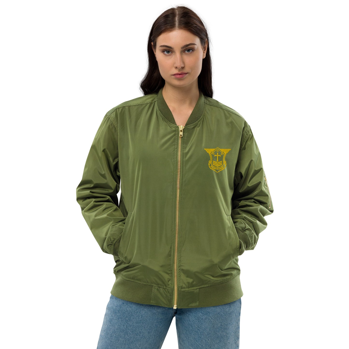 Premium Recycled Aviation Bomber Jacket with Gold Embroidered Soldier of Christ Emblem