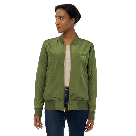 Premium Recycled Aviation Bomber Jacket with Kiwi Green Embroidered Soldier of Christ Emblem