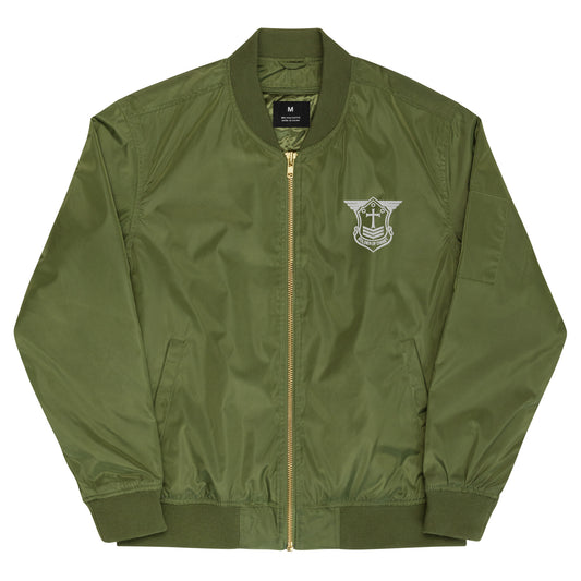 Premium Recycled Aviation Bomber Jacket with White Embroidered Soldier of Christ Emblem