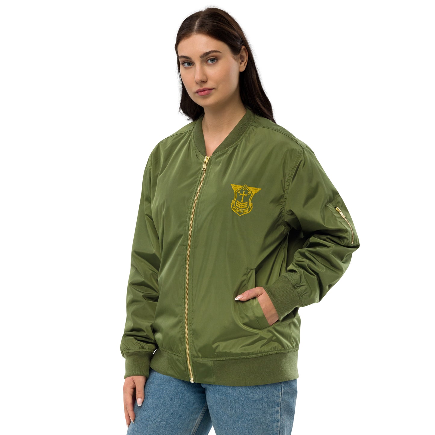 Premium Recycled Aviation Bomber Jacket with Gold Embroidered Soldier of Christ Emblem