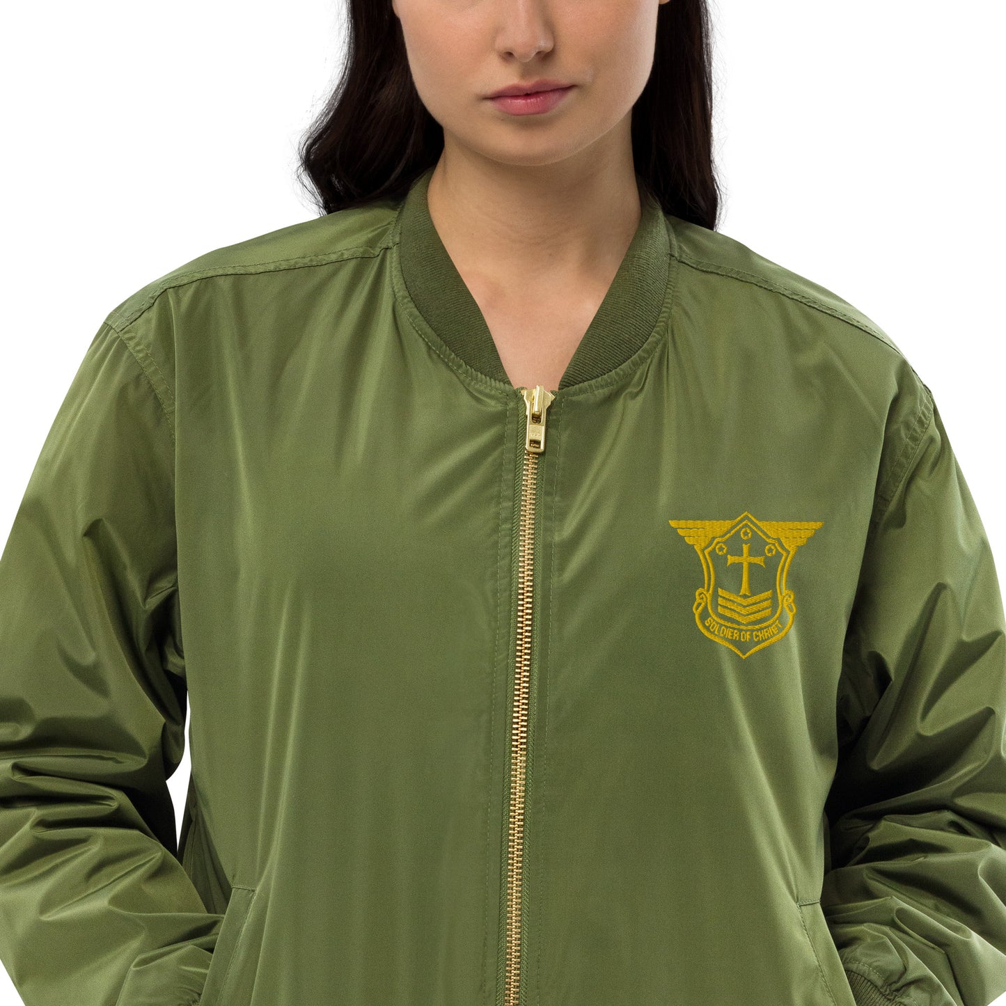 Premium Recycled Aviation Bomber Jacket with Gold Embroidered Soldier of Christ Emblem