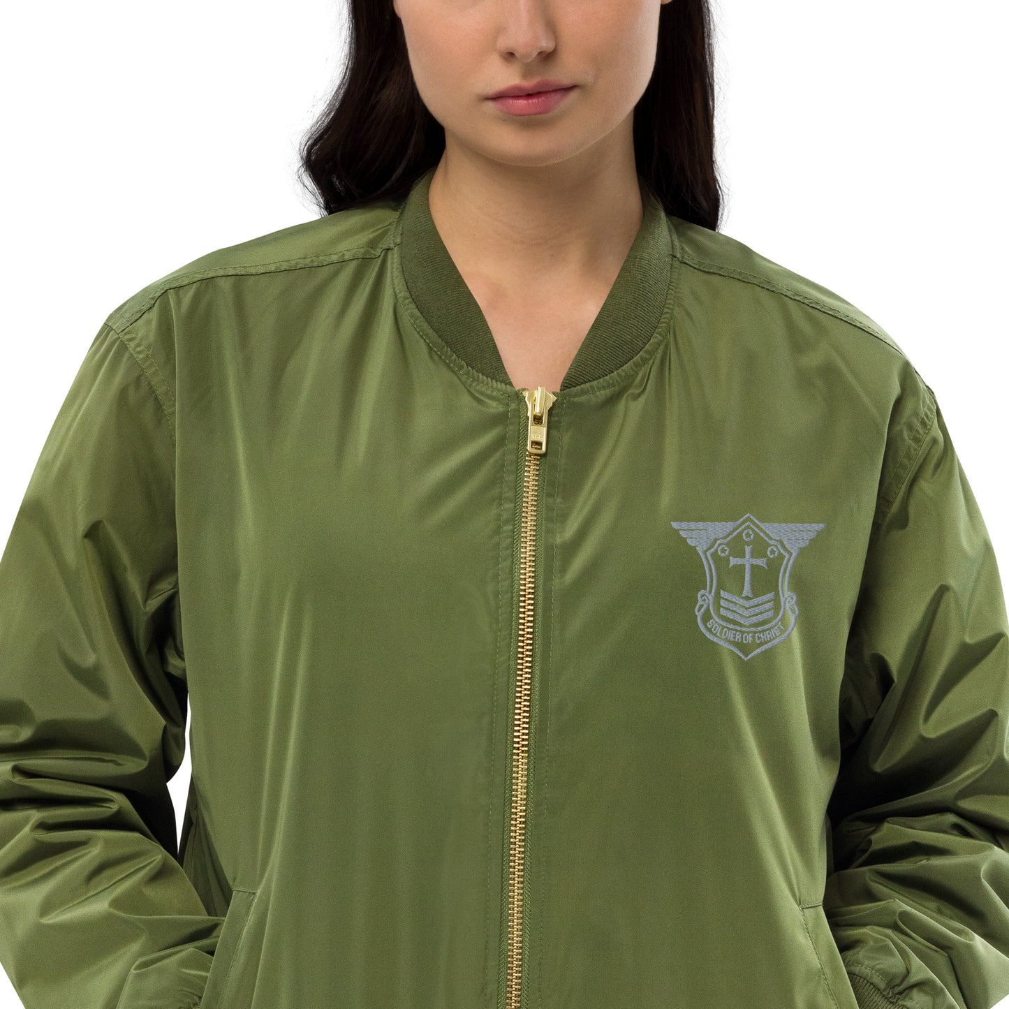 Premium Recycled Aviation Bomber Jacket with Grey Embroidered Soldier of Christ Emblem