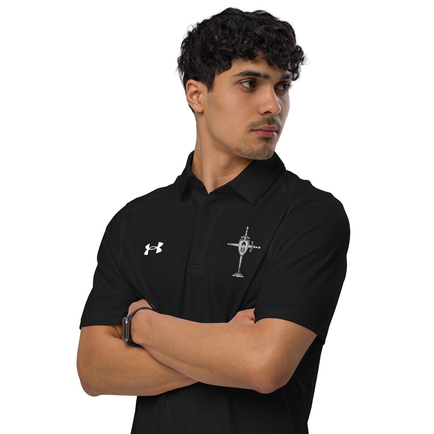 Armor of God Cross White Embroidered Under Armour® Men's Golf Polo Shirt