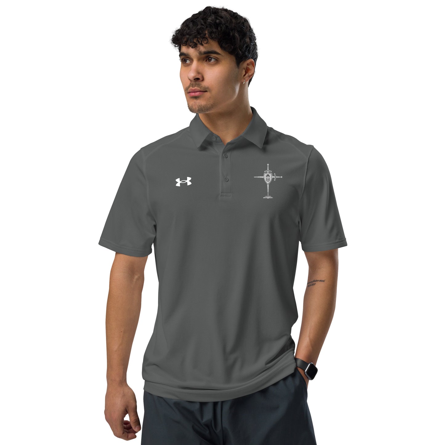 Armor of God Cross White Embroidered Under Armour® Men's Golf Polo Shirt