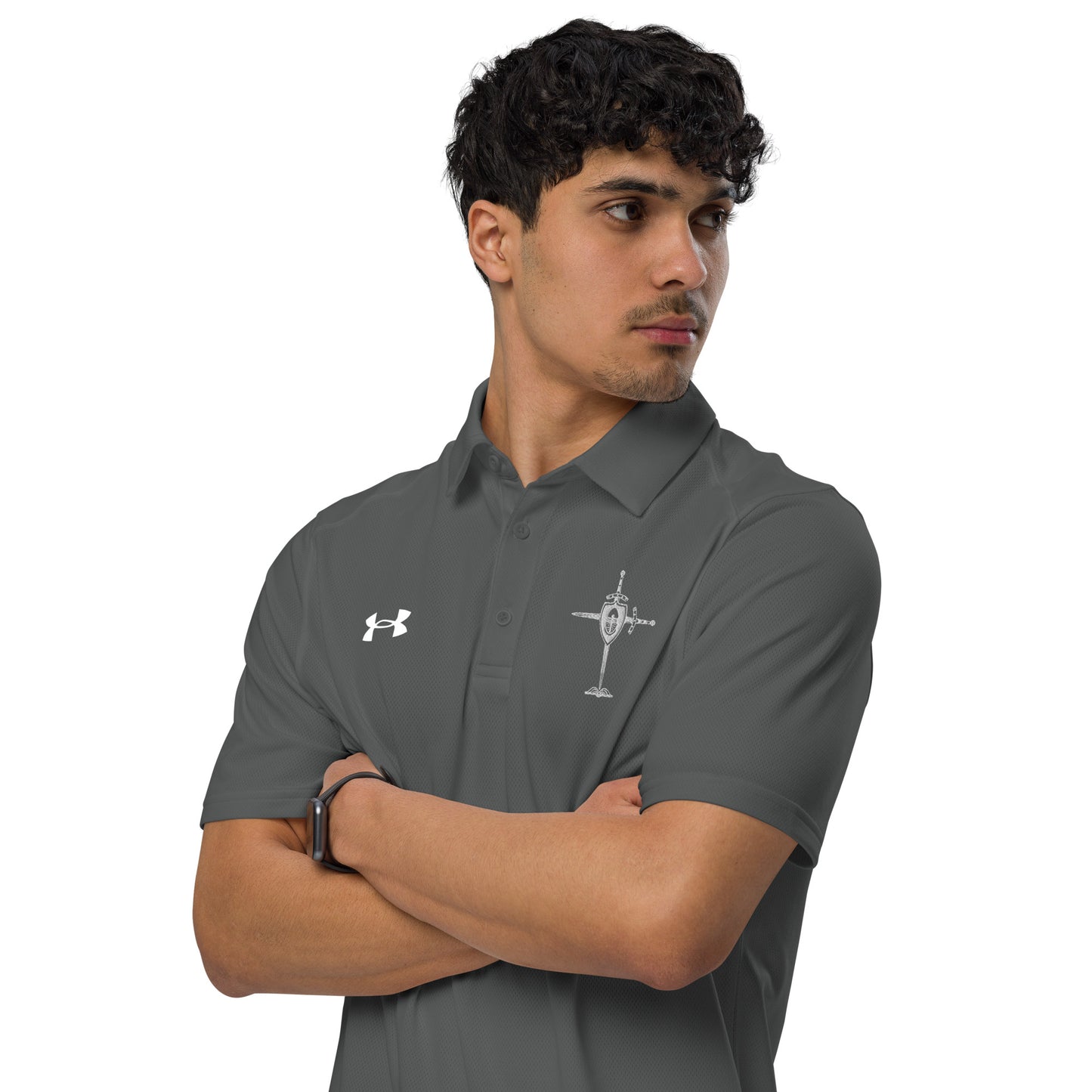 Armor of God Cross White Embroidered Under Armour® Men's Golf Polo Shirt