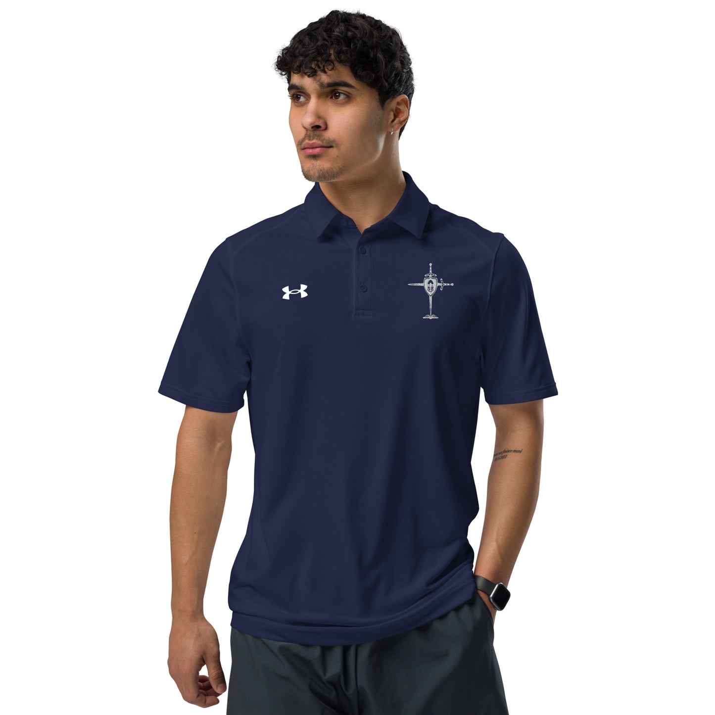 Armor of God Cross White Embroidered Under Armour® Men's Golf Polo Shirt