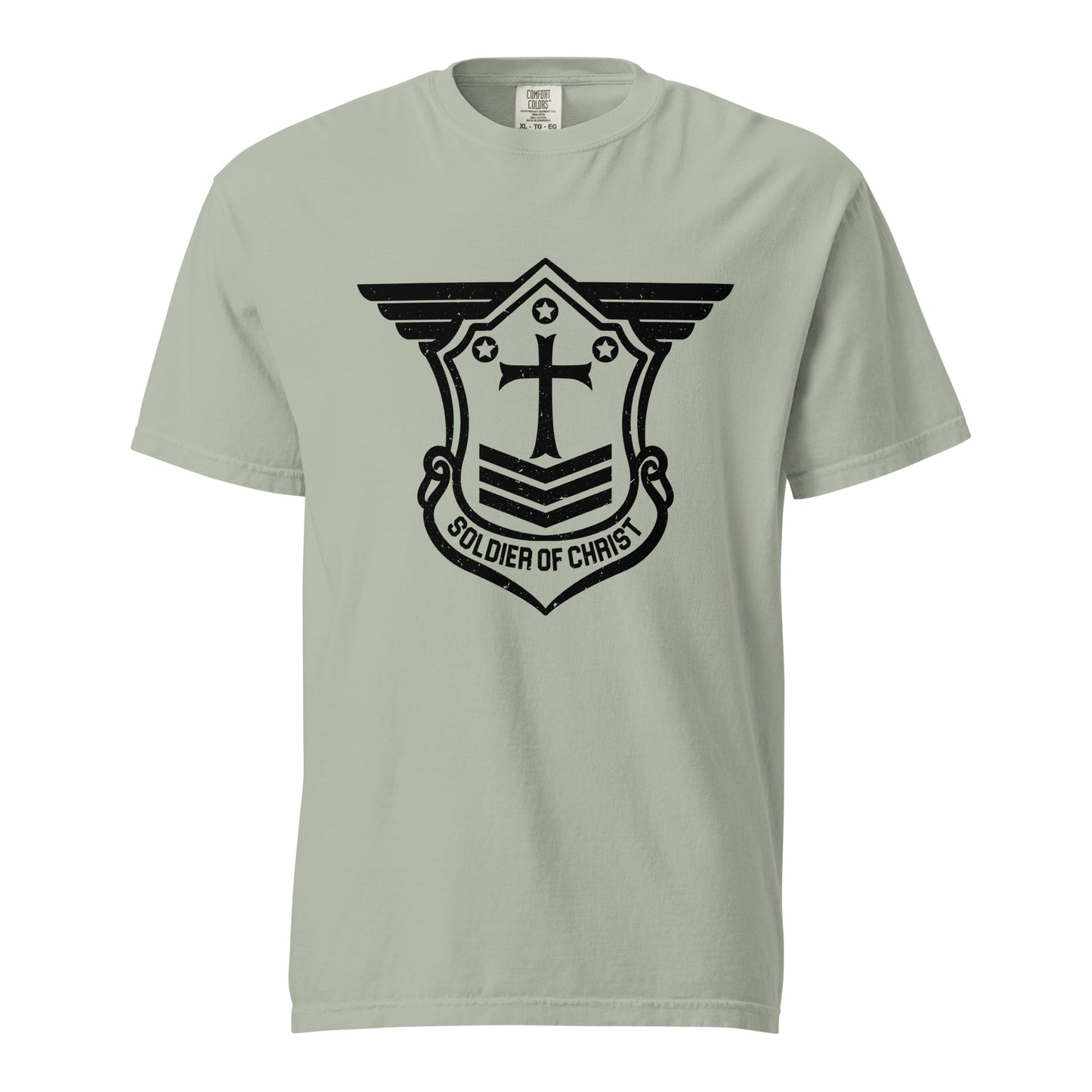 Unisex Heavyweight T-Shirt with Black Soldier of Christ Emblem Front