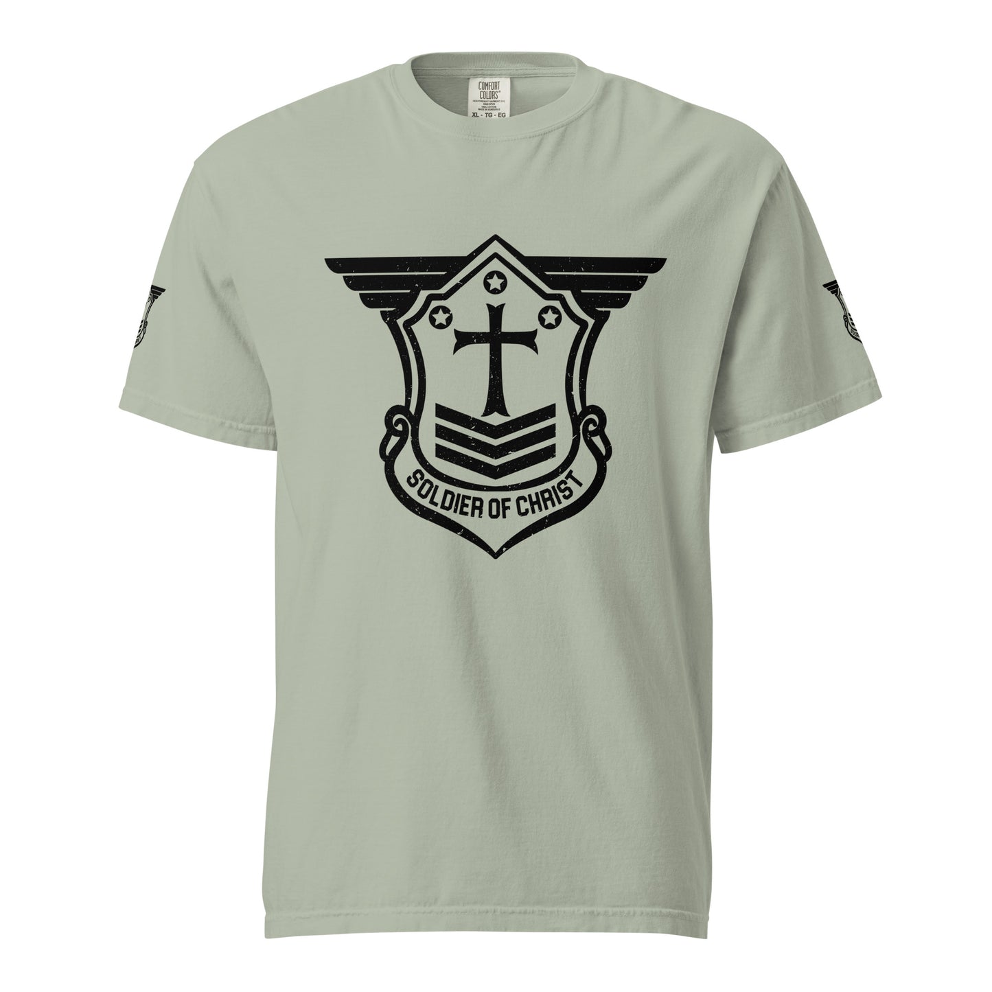 Unisex Heavyweight T-Shirt with Black Soldier of Christ Emblem Front and Sleeves