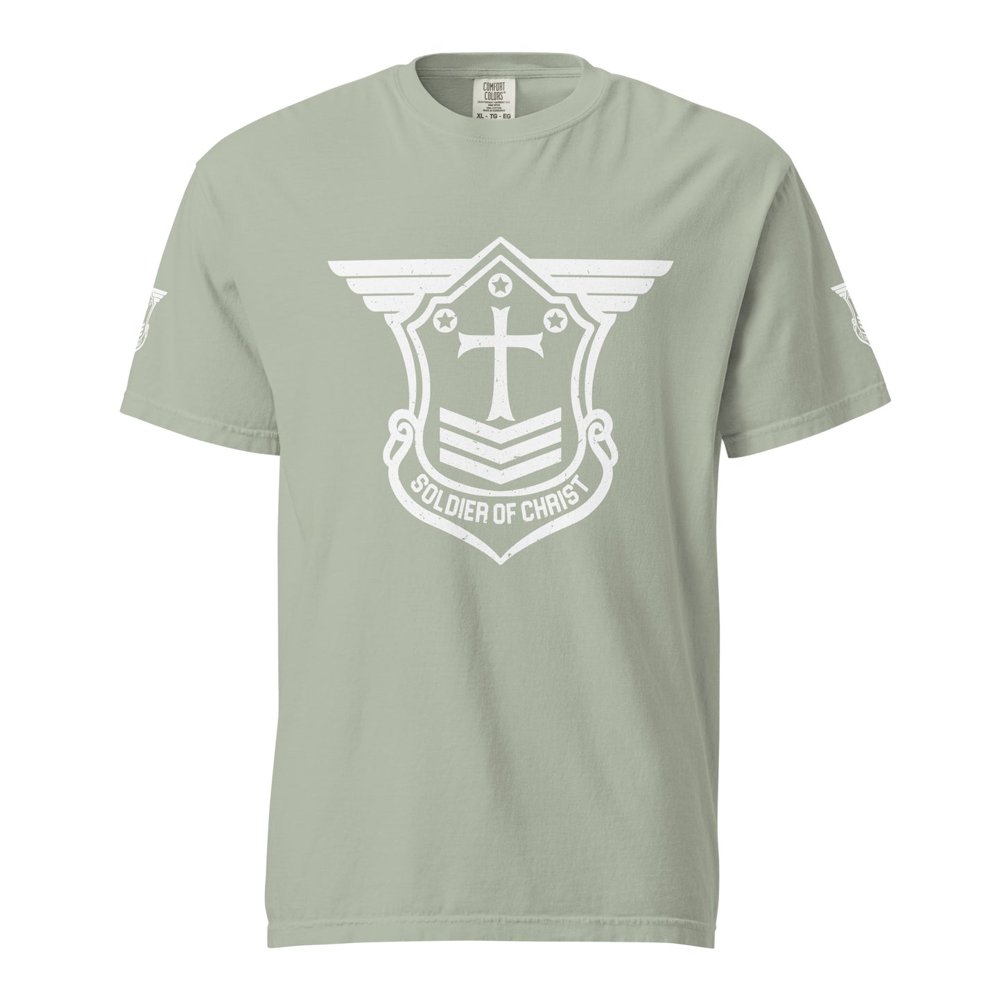 Unisex Heavyweight T-Shirt with White Soldier of Christ Emblem Front and Sleeves