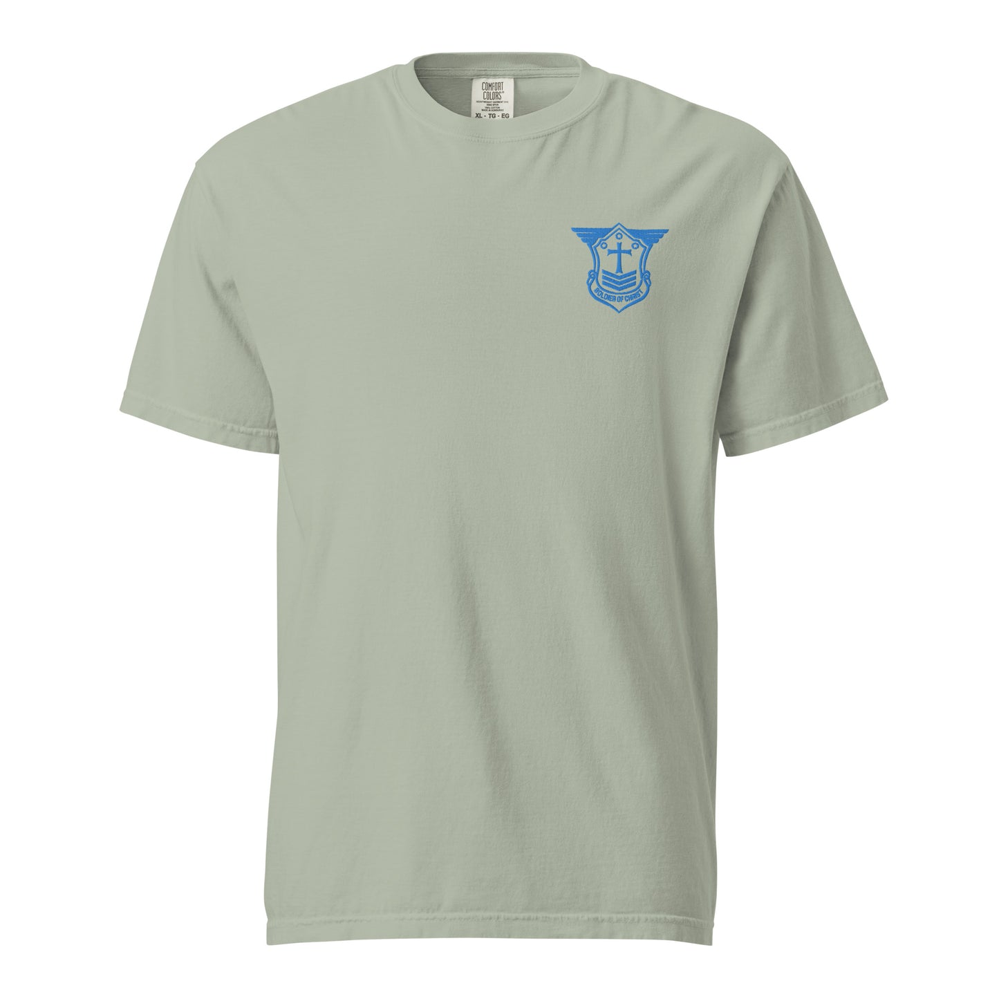 Unisex Heavyweight T-Shirt with Aqua Teal Embroidered Soldier of Christ Emblem