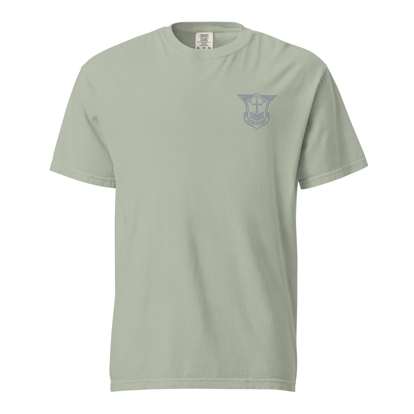 Unisex Heavyweight T-Shirt with Grey Embroidered Soldier of Christ Emblem