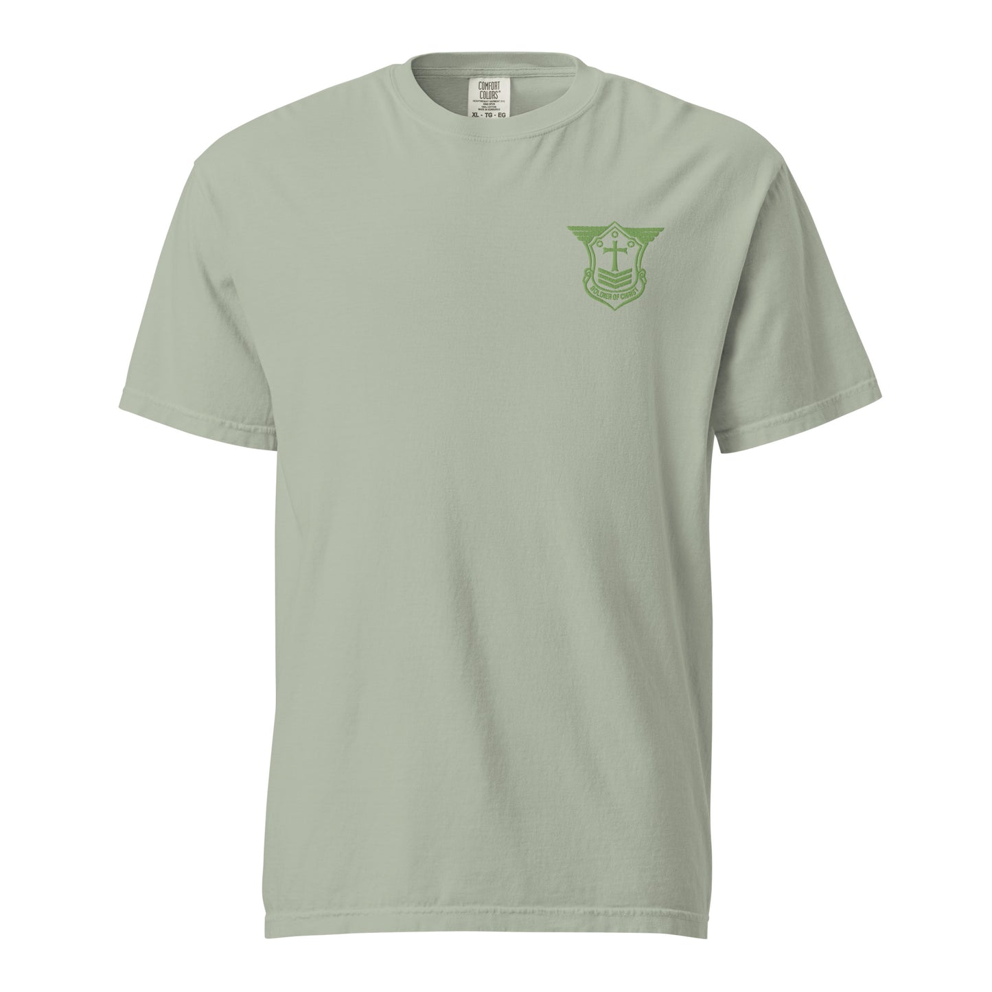 Unisex Heavyweight T-Shirt with Kiwi Green Embroidered Soldier of Christ Emblem