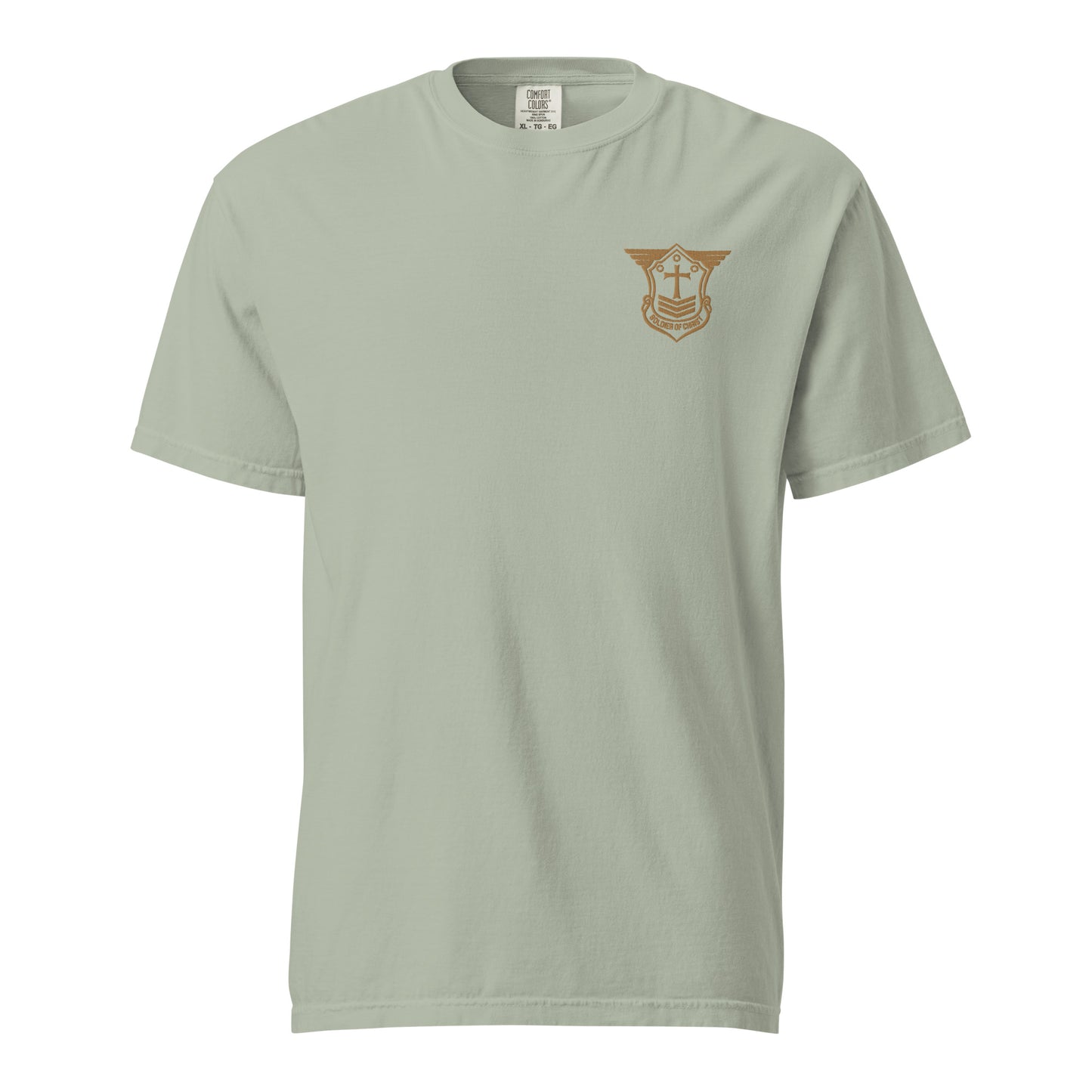 Unisex Heavyweight T-Shirt with Old Gold Embroidered Soldier of Christ Emblem