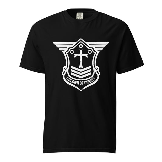 Unisex Heavyweight T-Shirt with White Soldier of Christ Emblem Front