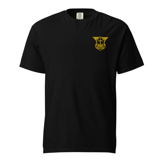 Unisex Heavyweight T-Shirt with Gold Embroidered Soldier of Christ Emblem