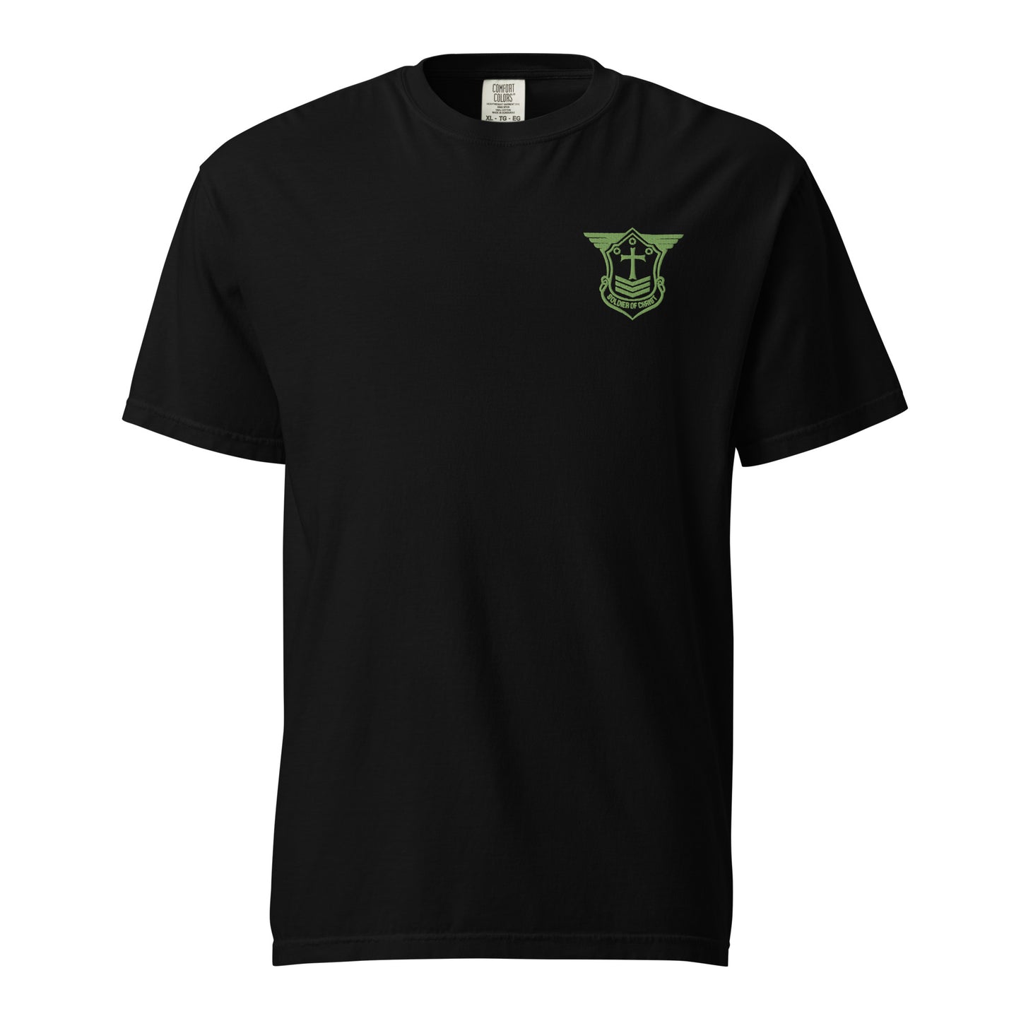 Unisex Heavyweight T-Shirt with Kiwi Green Embroidered Soldier of Christ Emblem