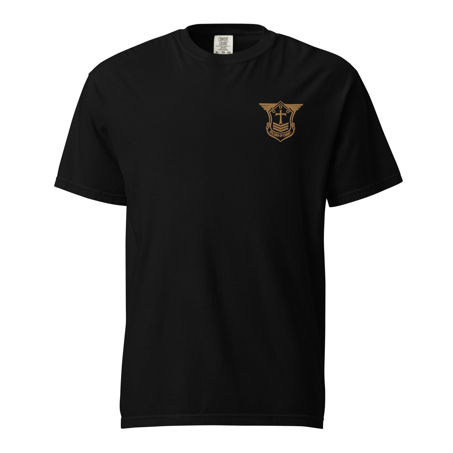 Unisex Heavyweight T-Shirt with Old Gold Embroidered Soldier of Christ Emblem