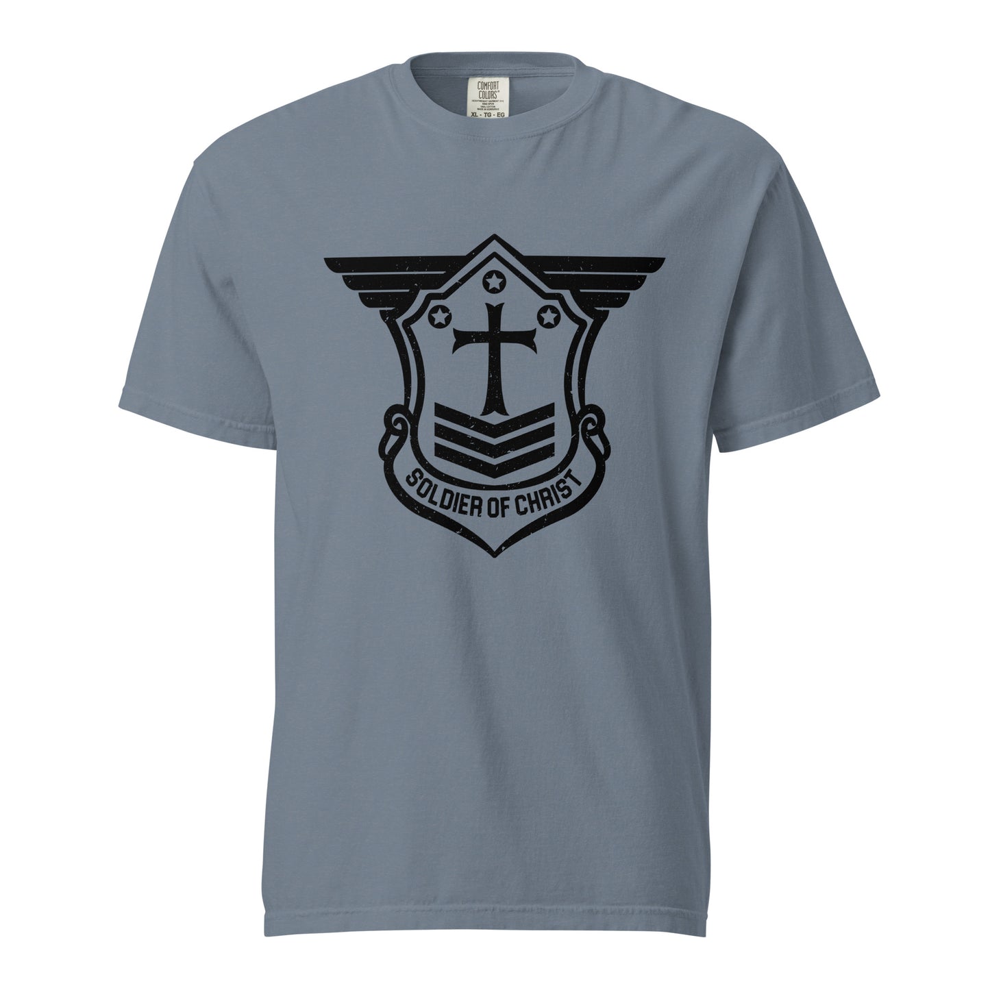 Unisex Heavyweight T-Shirt with Black Soldier of Christ Emblem Front