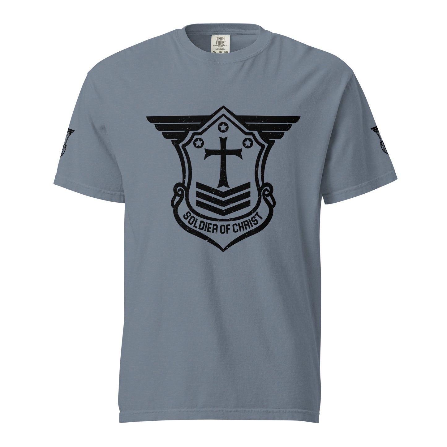 Unisex Heavyweight T-Shirt with Black Soldier of Christ Emblem Front and Sleeves