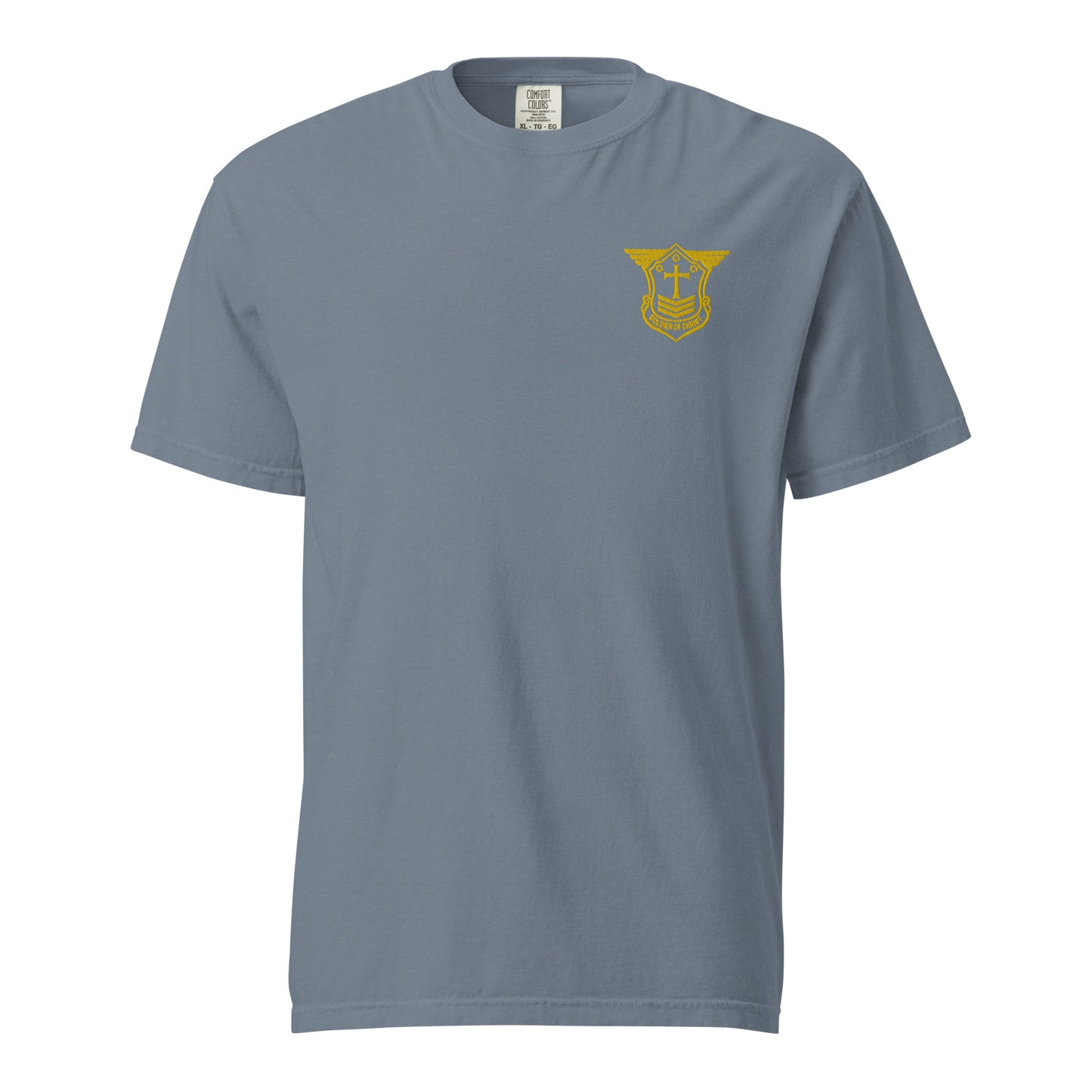 Unisex Heavyweight T-Shirt with Gold Embroidered Soldier of Christ Emblem