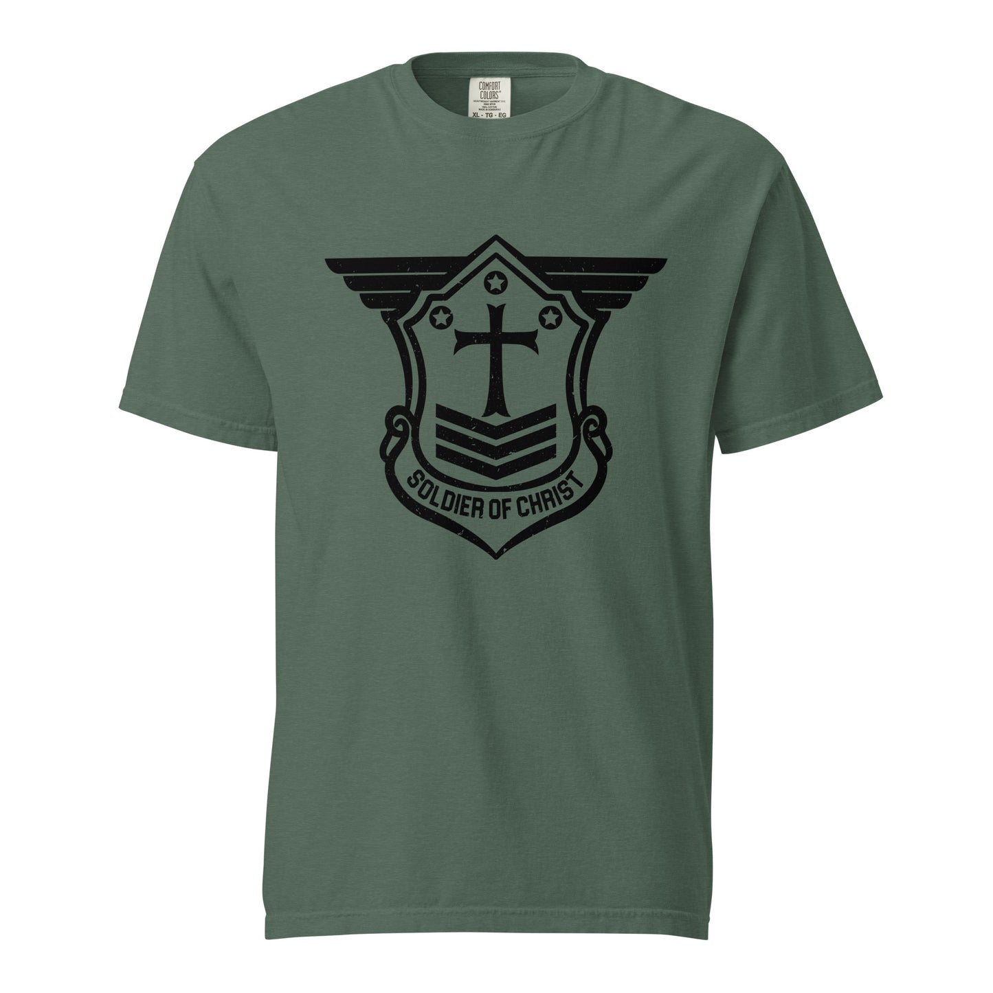 Unisex Heavyweight T-Shirt with Black Soldier of Christ Emblem Front