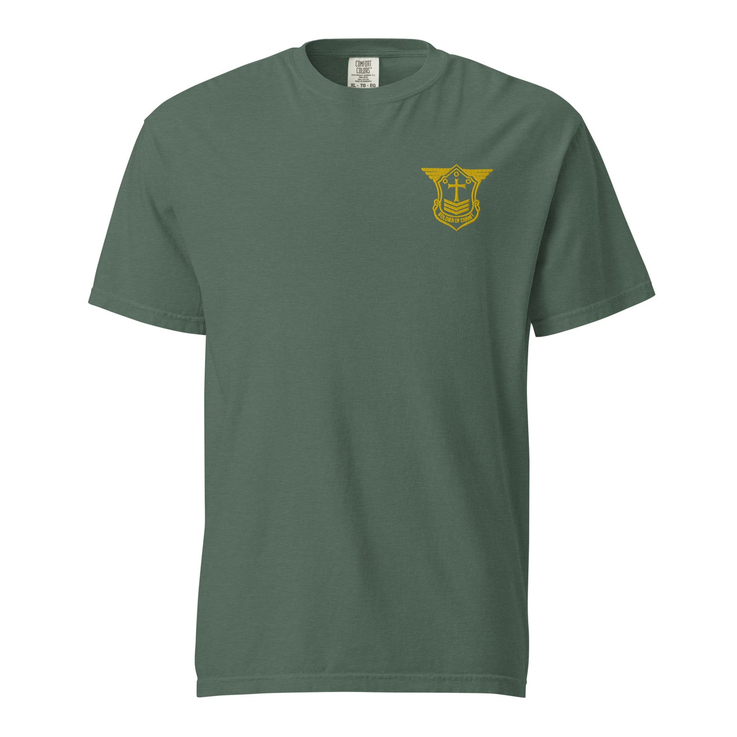 Unisex Heavyweight T-Shirt with Gold Embroidered Soldier of Christ Emblem