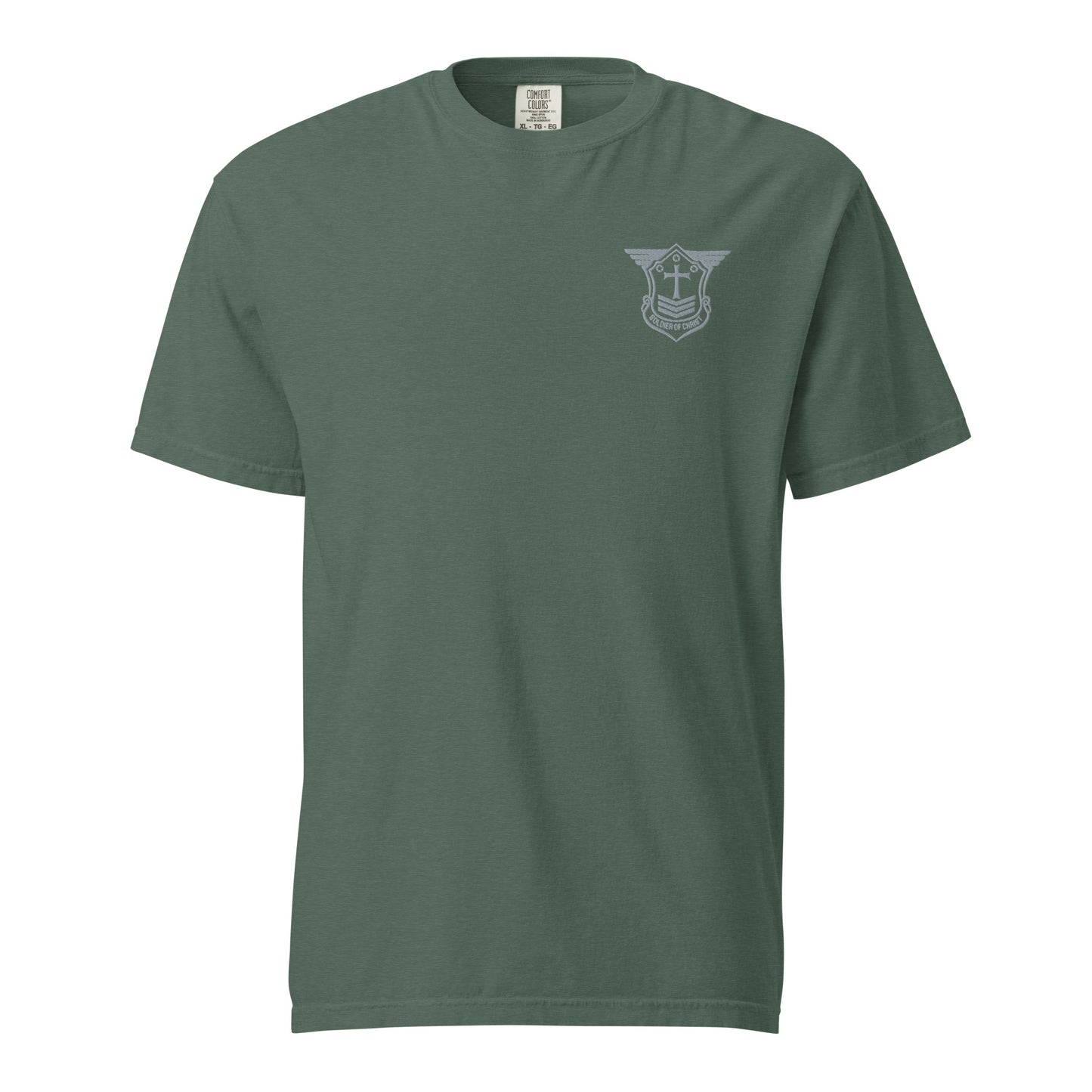 Unisex Heavyweight T-Shirt with Grey Embroidered Soldier of Christ Emblem