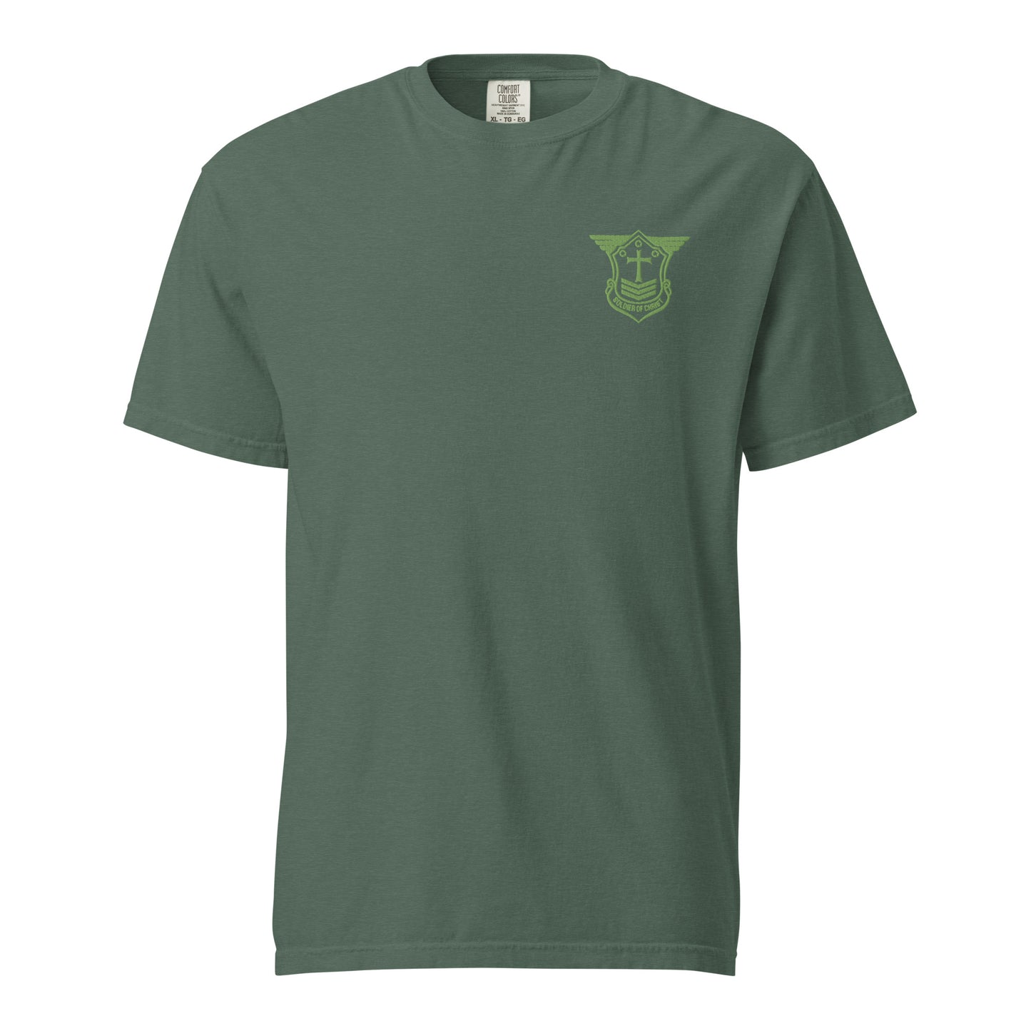 Unisex Heavyweight T-Shirt with Kiwi Green Embroidered Soldier of Christ Emblem