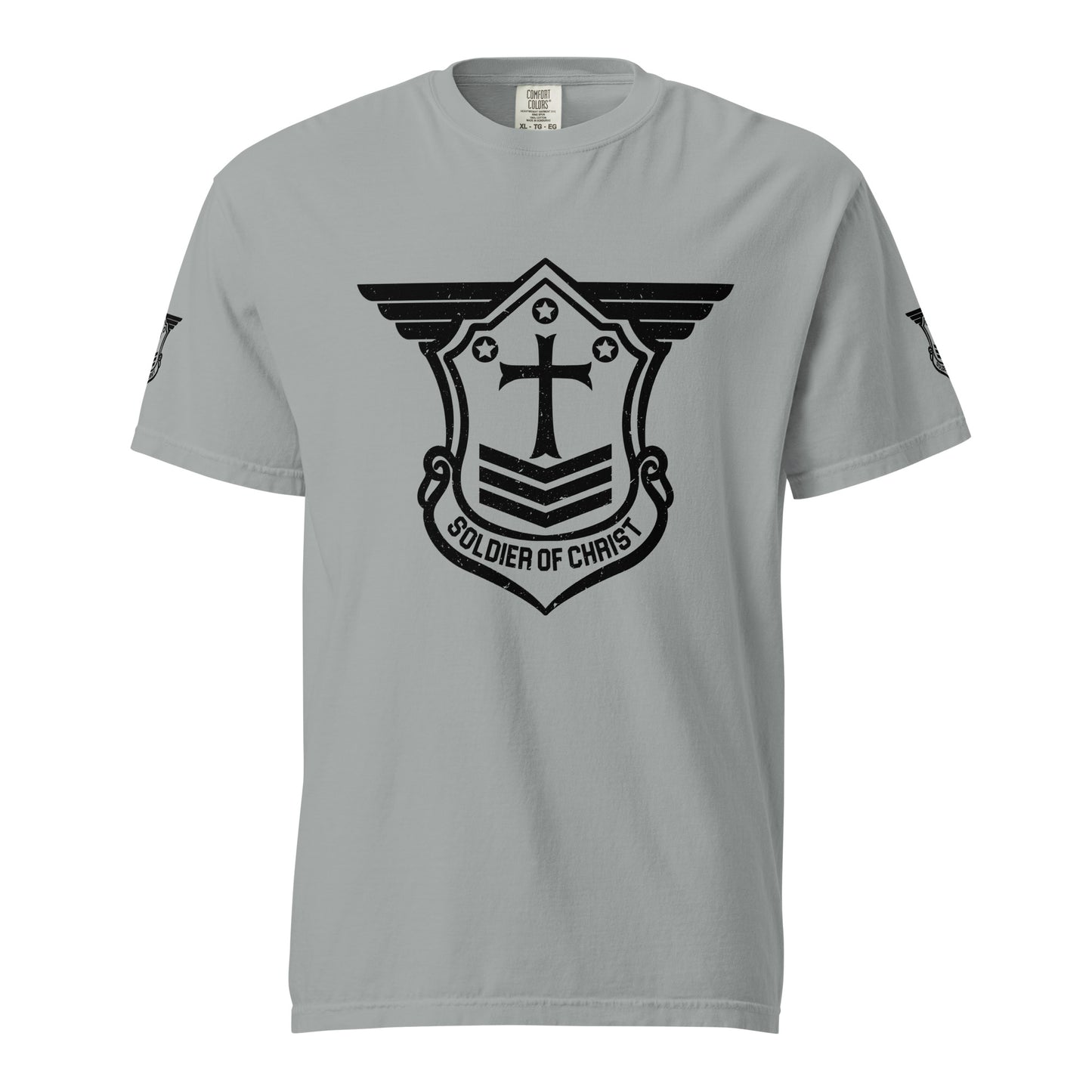 Unisex Heavyweight T-Shirt with Black Soldier of Christ Emblem Front and Sleeves