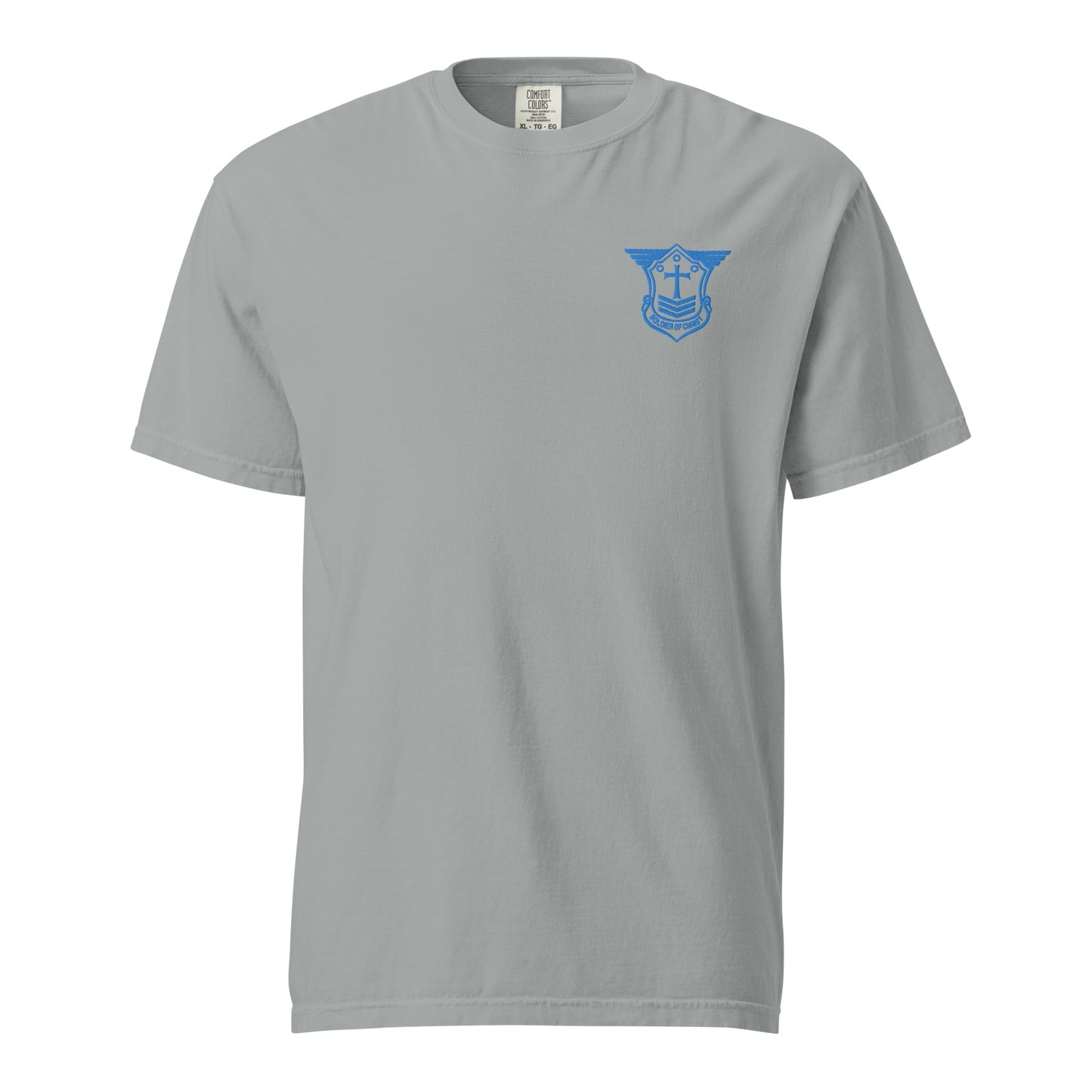 Unisex Heavyweight T-Shirt with Aqua Teal Embroidered Soldier of Christ Emblem