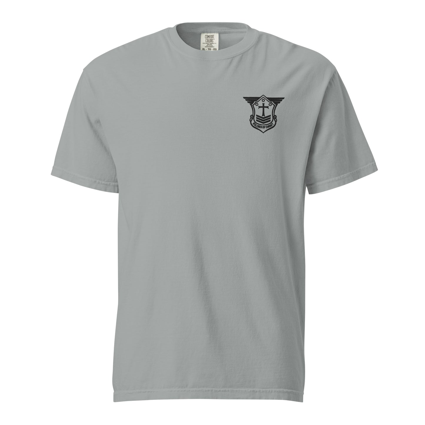 Unisex Heavyweight T-Shirt with Black Embroidered Soldier of Christ Emblem