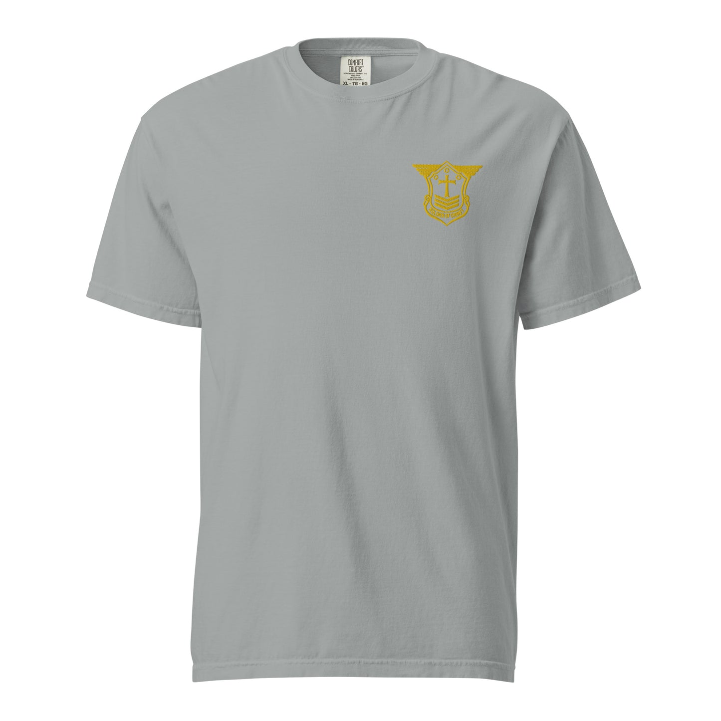 Unisex Heavyweight T-Shirt with Gold Embroidered Soldier of Christ Emblem