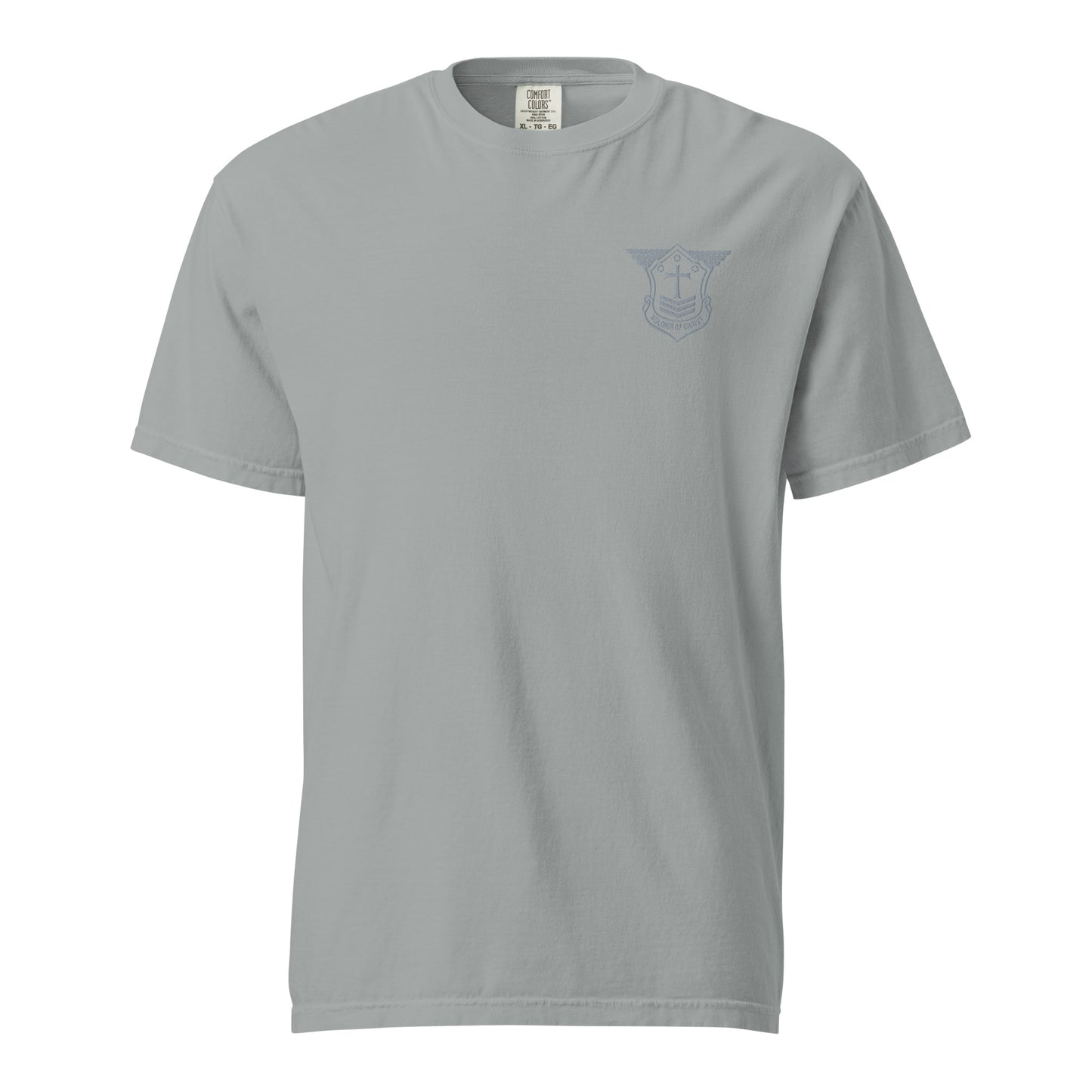 Unisex Heavyweight T-Shirt with Grey Embroidered Soldier of Christ Emblem