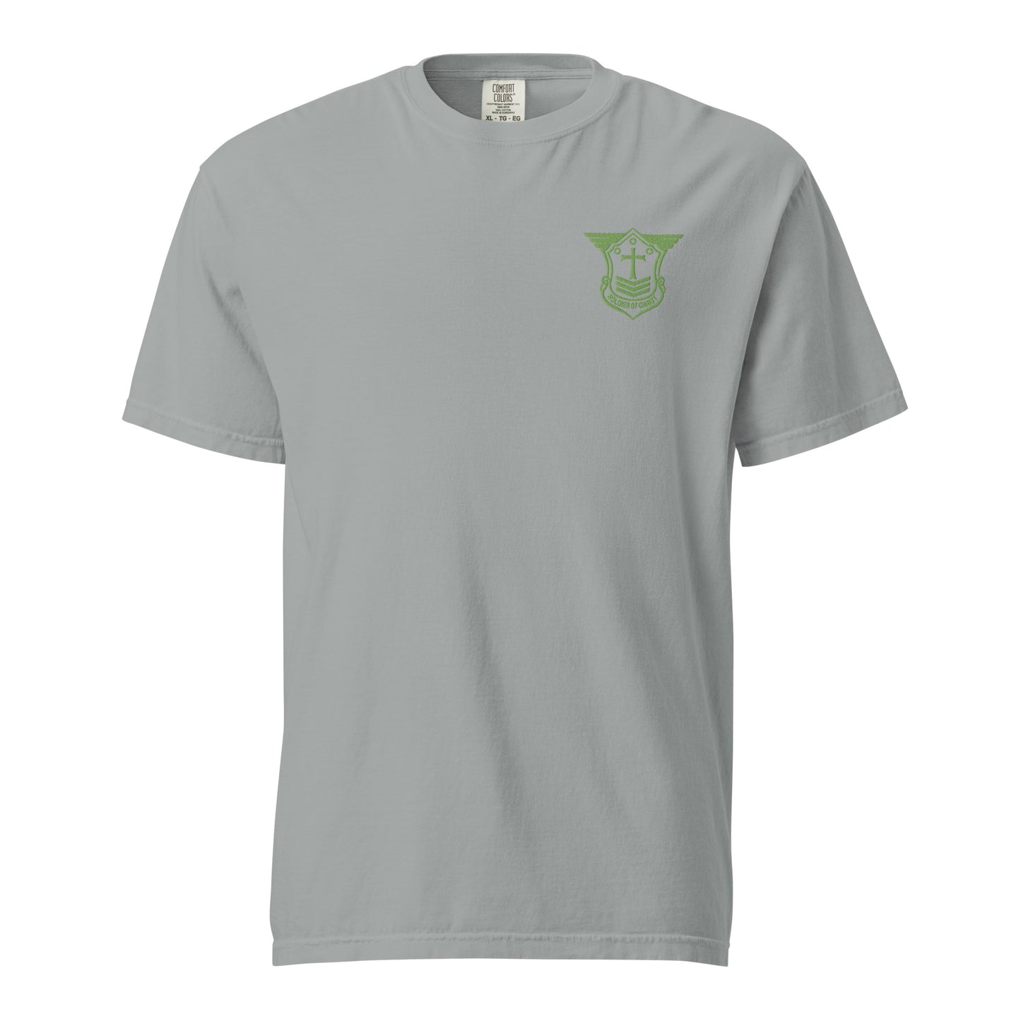 Unisex Heavyweight T-Shirt with Kiwi Green Embroidered Soldier of Christ Emblem