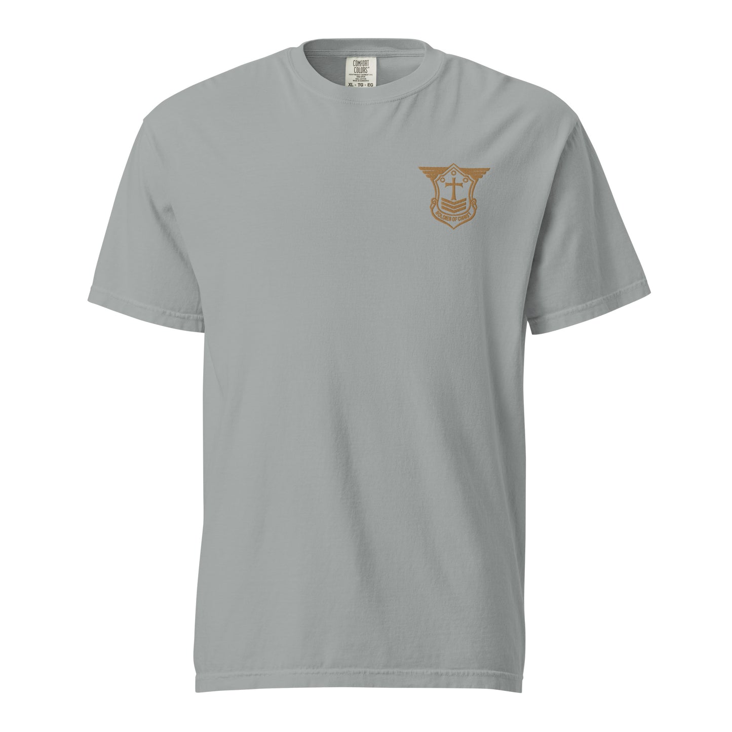 Unisex Heavyweight T-Shirt with Old Gold Embroidered Soldier of Christ Emblem