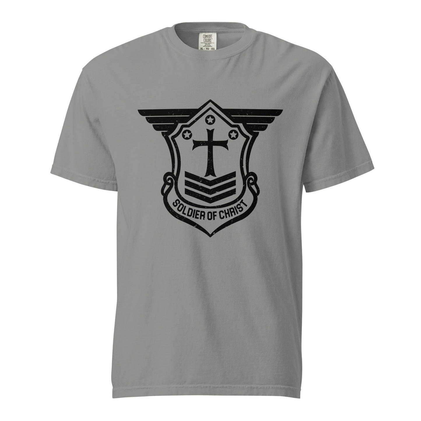 Unisex Heavyweight T-Shirt with Black Soldier of Christ Emblem Front