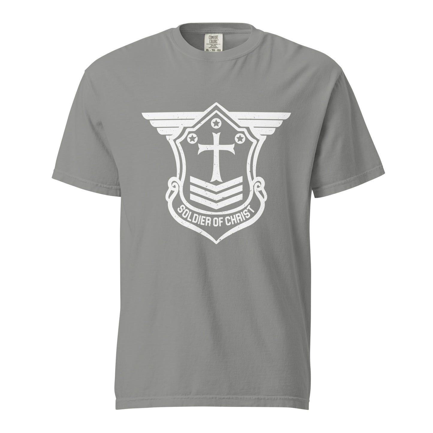 Unisex Heavyweight T-Shirt with White Soldier of Christ Emblem Front