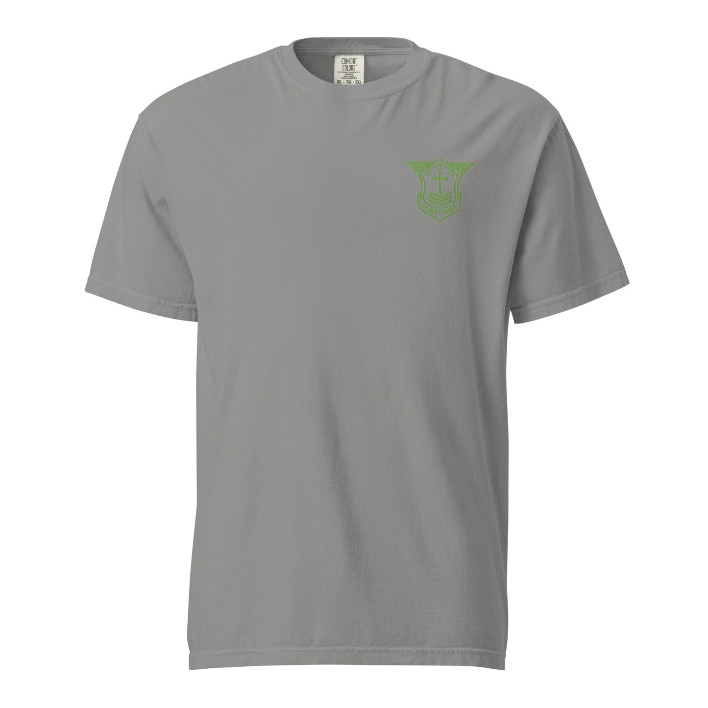 Unisex Heavyweight T-Shirt with Kiwi Green Embroidered Soldier of Christ Emblem