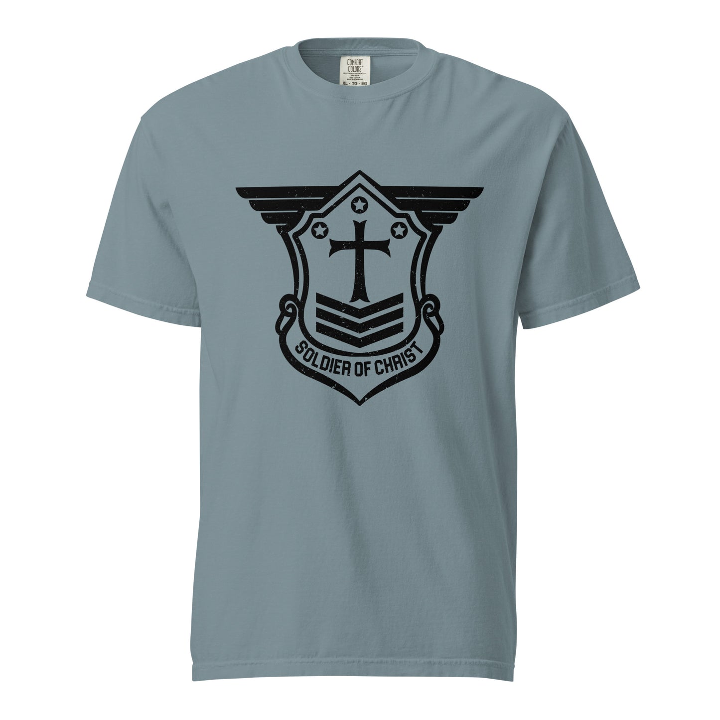 Unisex Heavyweight T-Shirt with Black Soldier of Christ Emblem Front