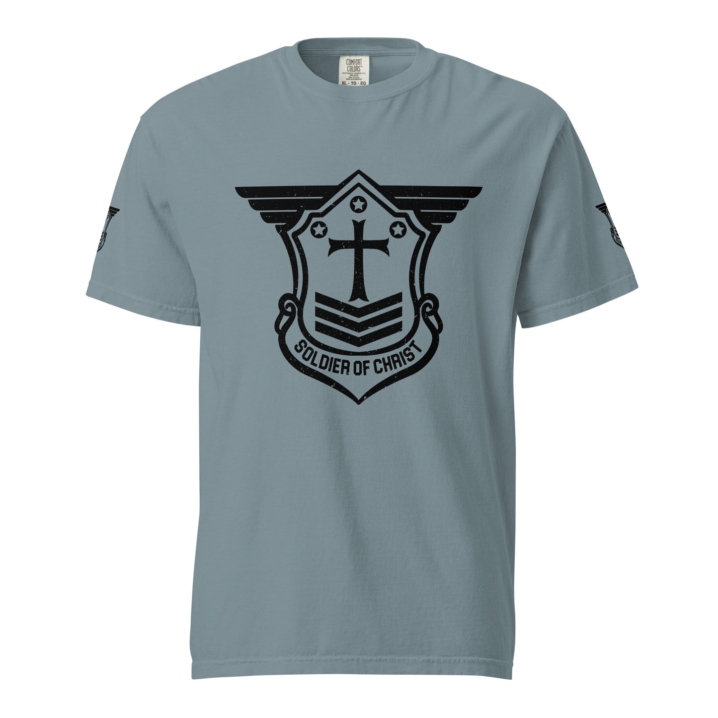 Unisex Heavyweight T-Shirt with Black Soldier of Christ Emblem Front and Sleeves